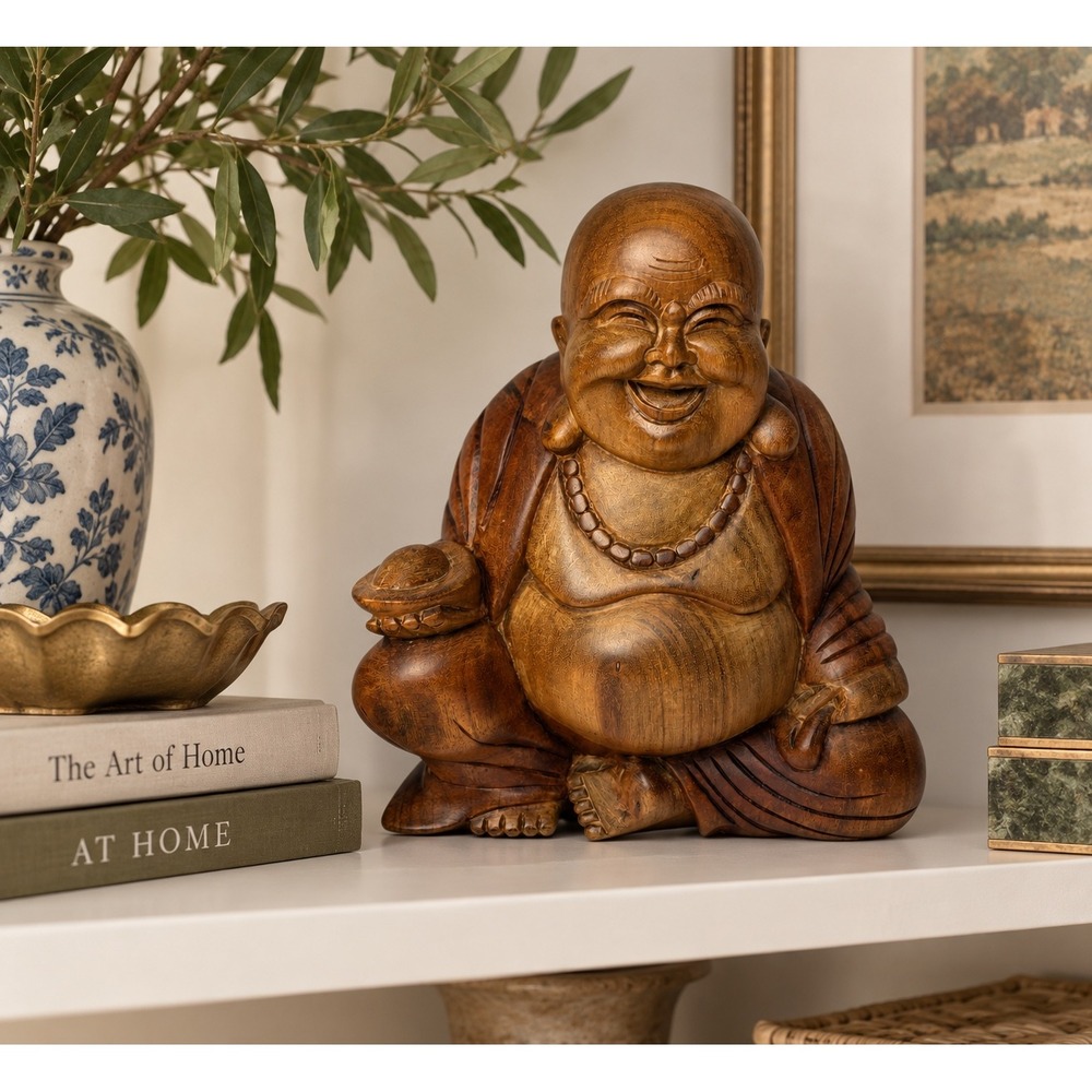 Hand Carved Wooden Laughing Buddha Hotei Statue Happy Figurine Home Decor